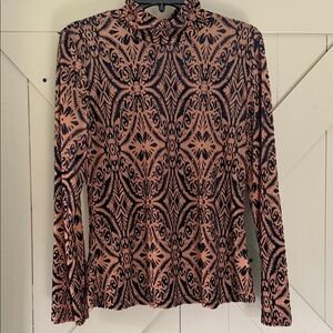 Long-Sleeve Mock Neck Printed Top in Beige and Black